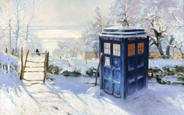 HD desktop wallpaper of a painted snowy landscape featuring a magpie perched on the iconic TARDIS from the TV show Doctor Who (2005).