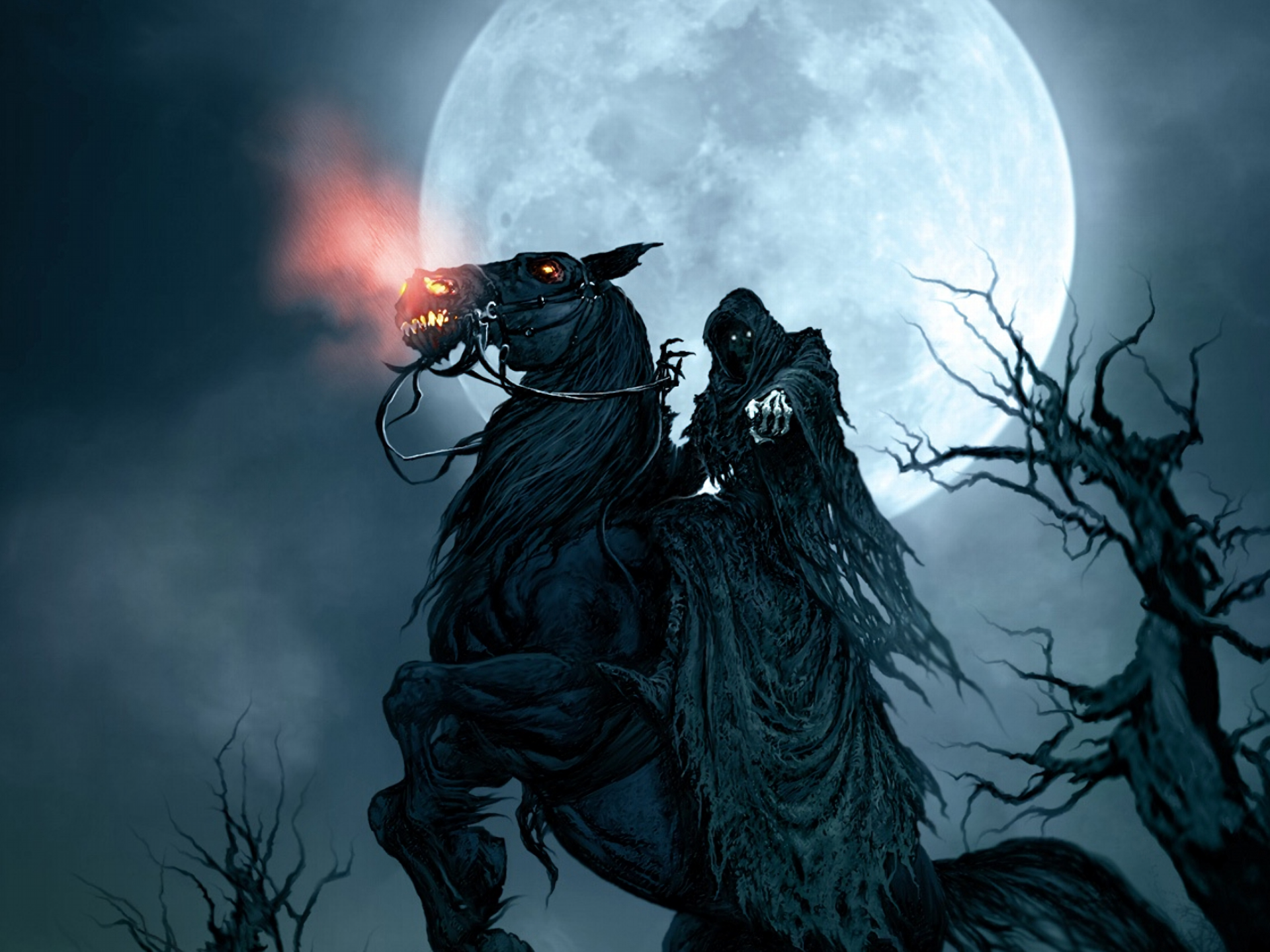 Dark fantasy wallpaper featuring a Grim Reaper on a horse under a moonlit sky named 'Your Next'