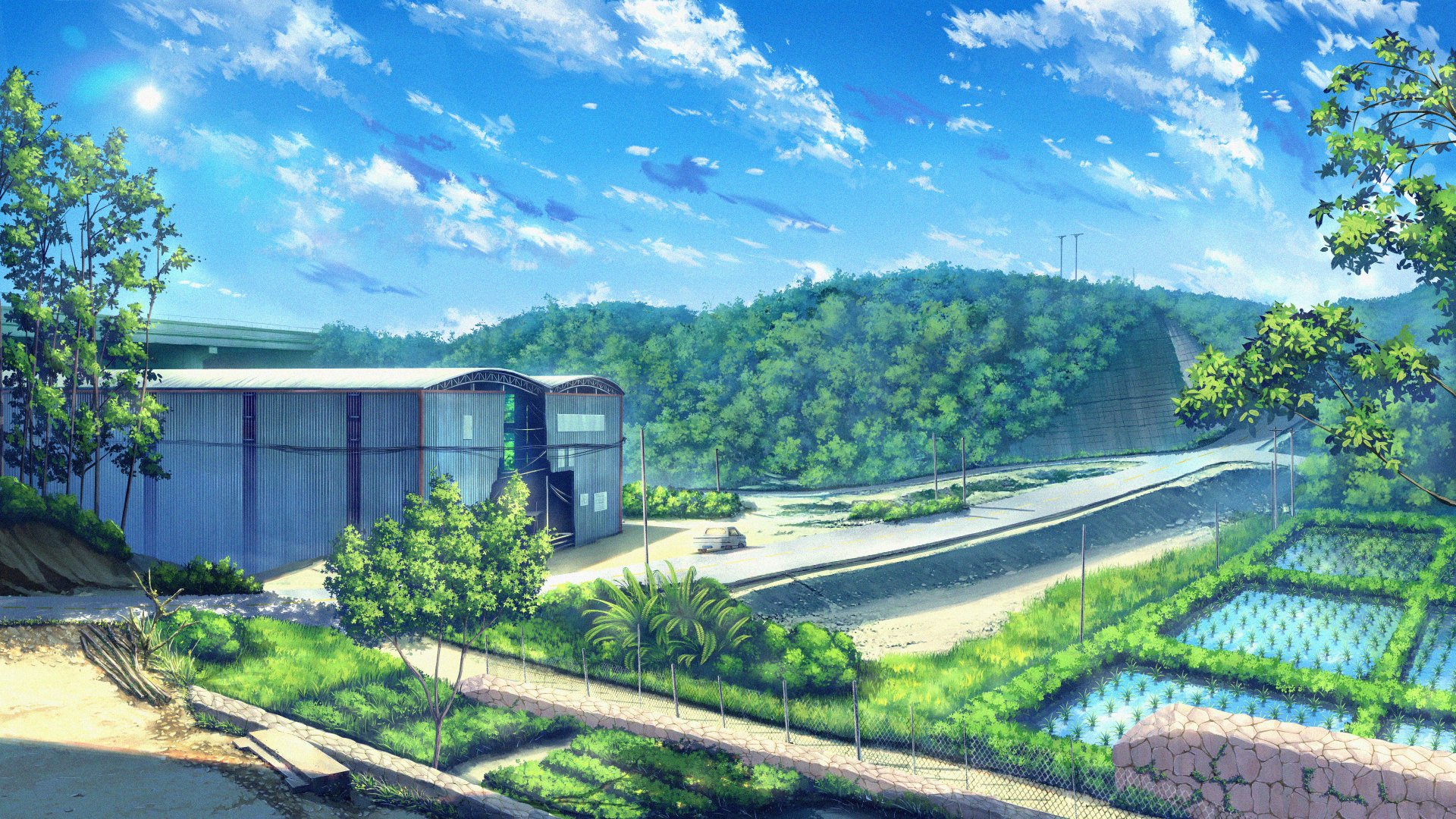 4K Ultra HD original Anime-style sky scene featuring lush greenery, a clear blue sky with scattered clouds, and a peaceful rural landscape.