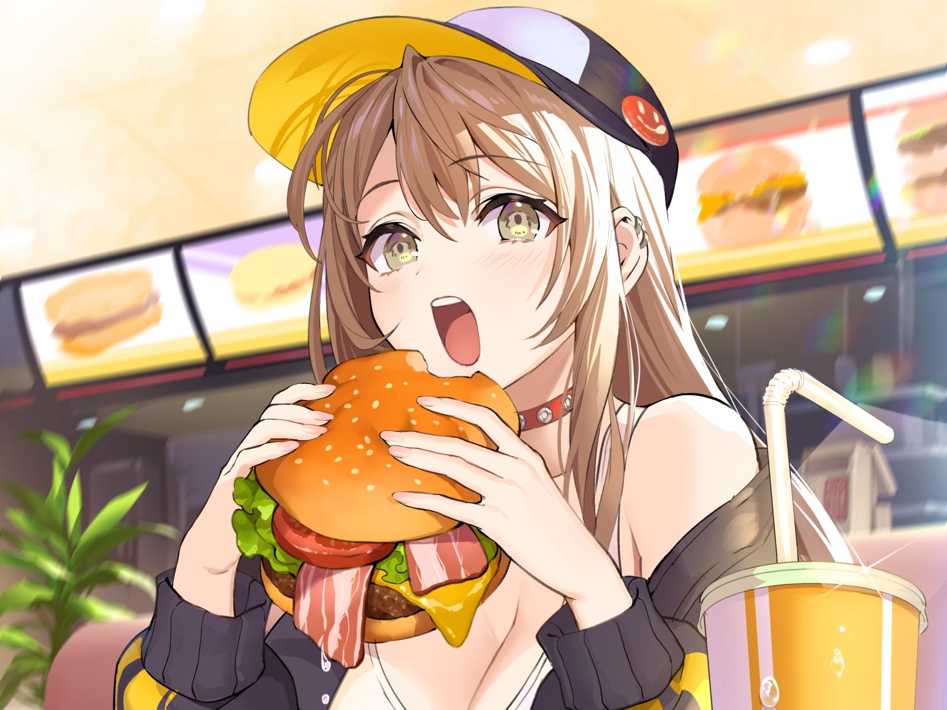 Anime character in a stylish hat, enjoying a large burger with vibrant colors, set in a lively fast-food environment. High-definition desktop wallpaper and background.