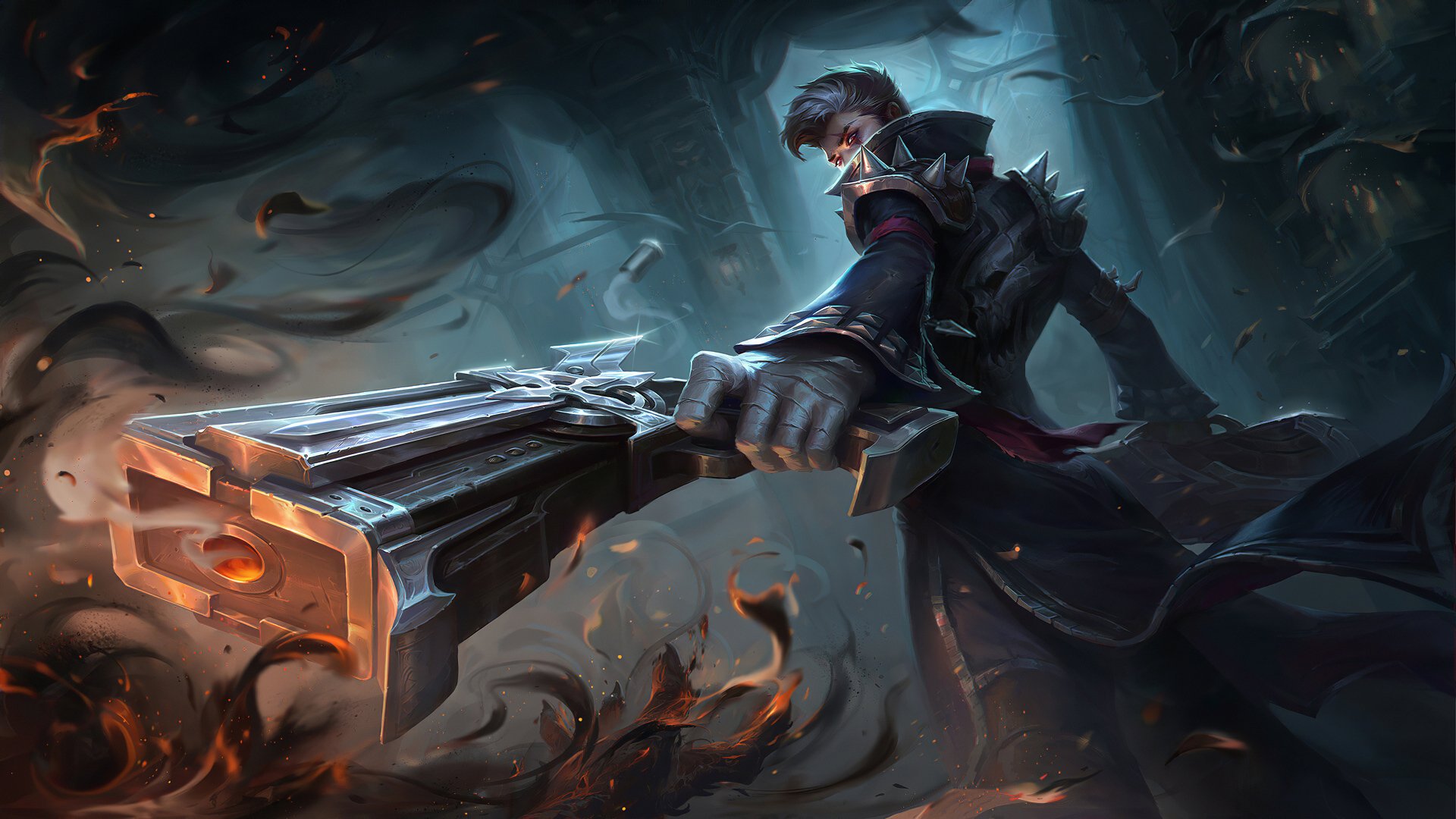 A fierce woman warrior in dark armor aims a massive futuristic gun, surrounded by swirling shadows and embers in a dramatic fantasy 4K Ultra HD desktop wallpaper.