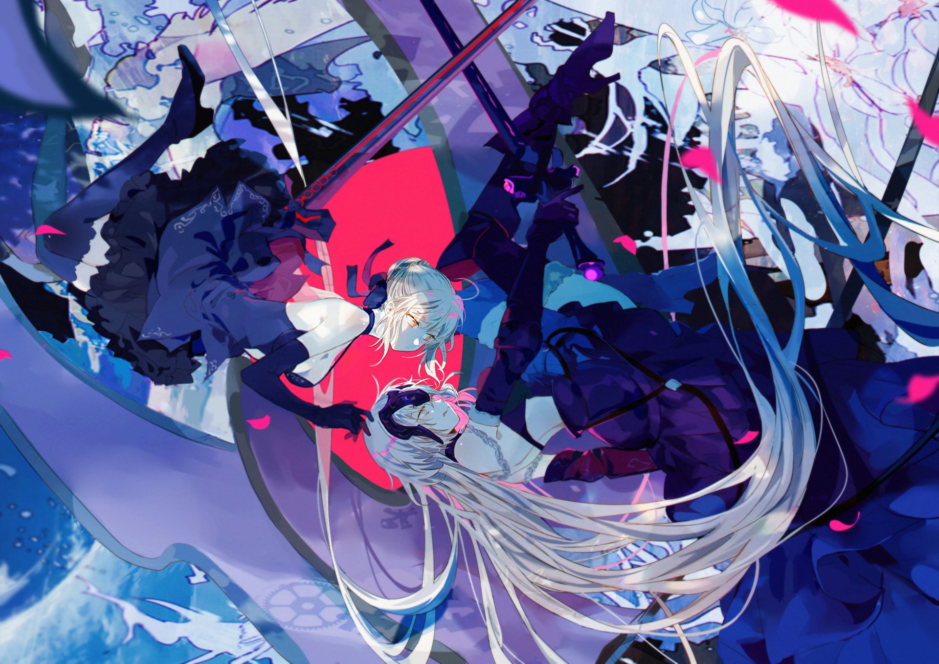 HD PC desktop wallpaper featuring Saber Alter, Artoria Pendragon (Alter), and Jeanne d'Arc Alter from Fate/Grand Order in a dynamic anime-style composition.