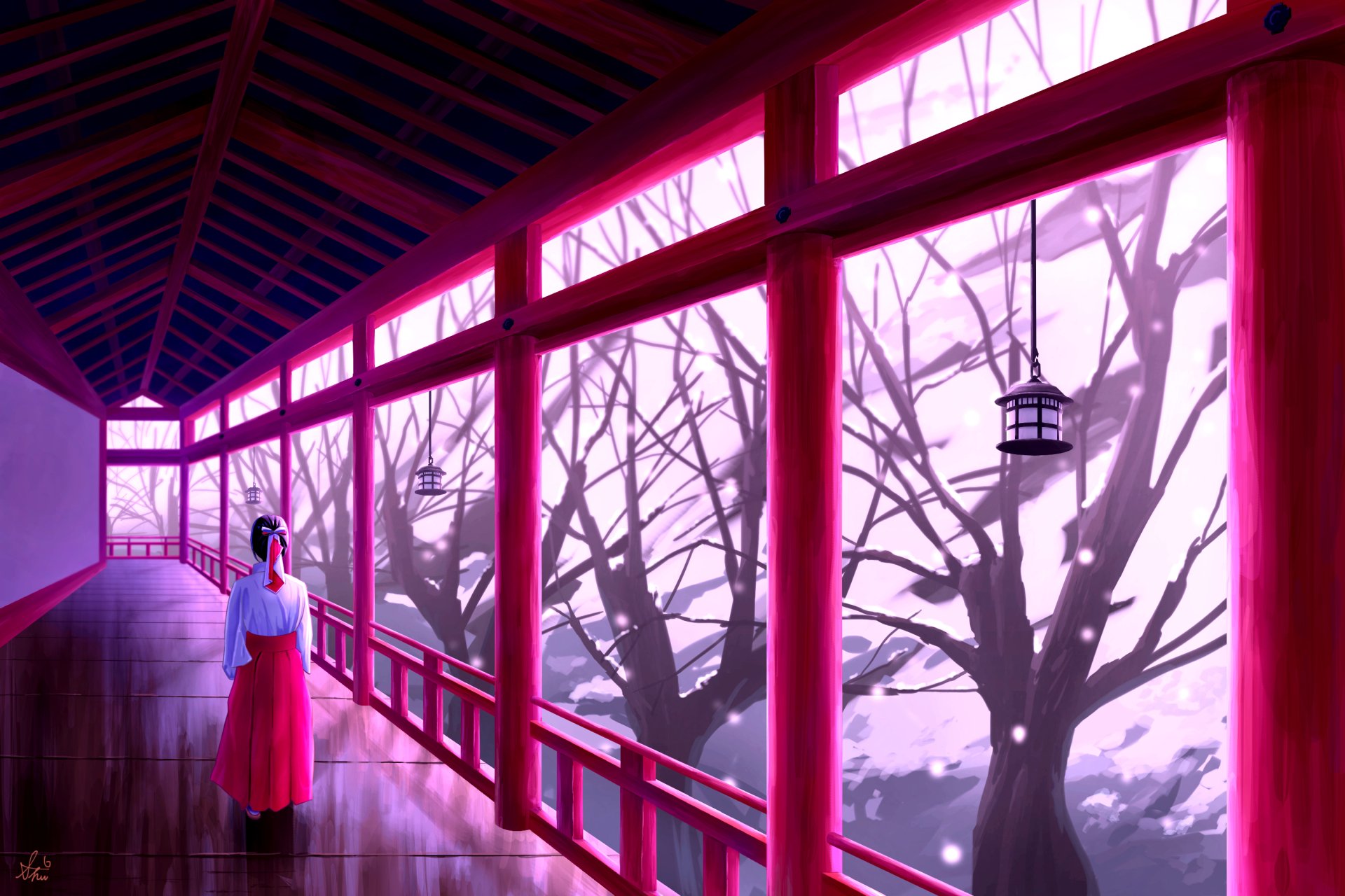 HD anime-style desktop wallpaper depicting a serene snowy scene from a traditional corridor with red railings and a lone figure in a pink and white outfit.