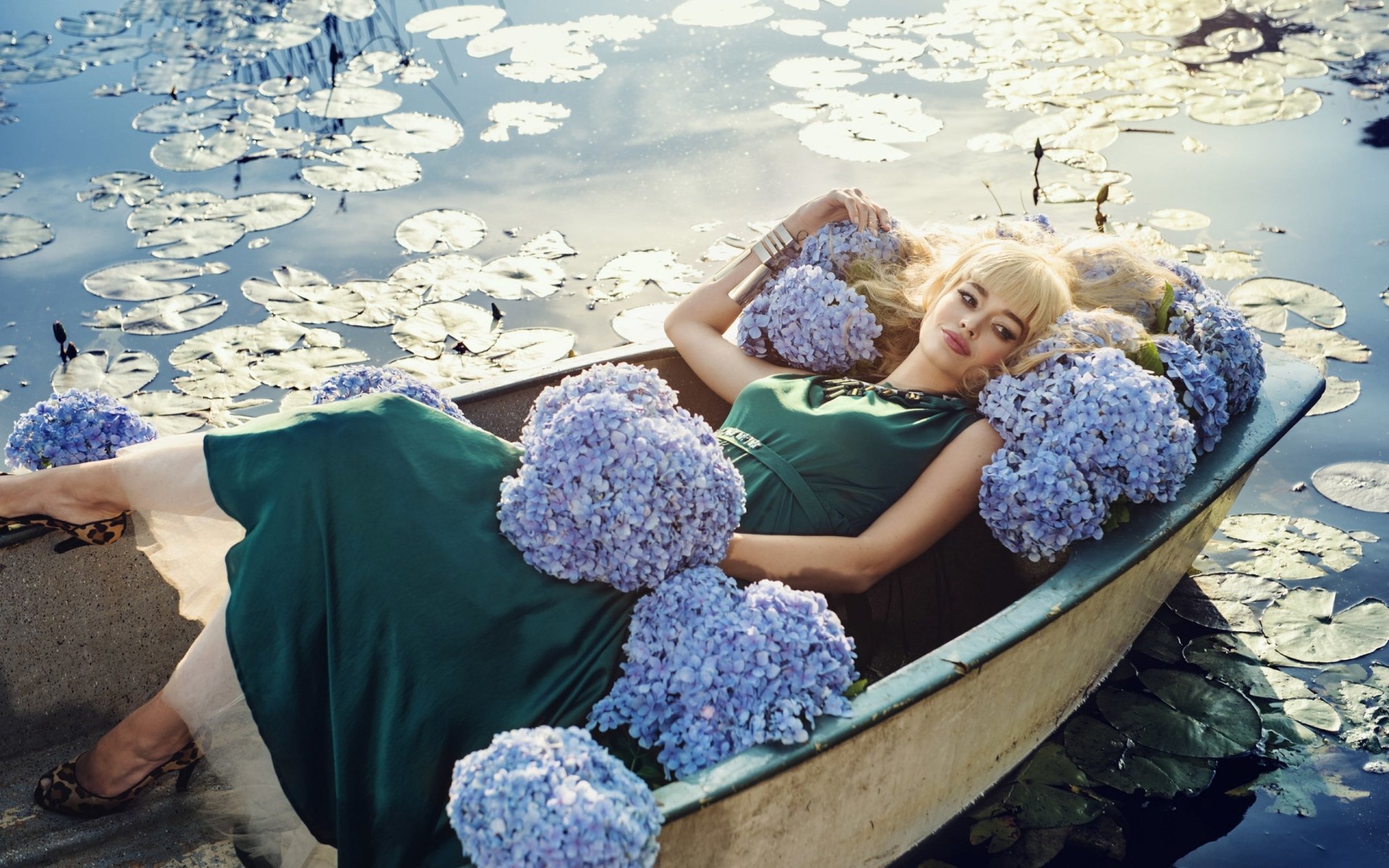 Download Lying Down Green Dress Blonde Flower Hydrangea Woman Model HD Wallpaper