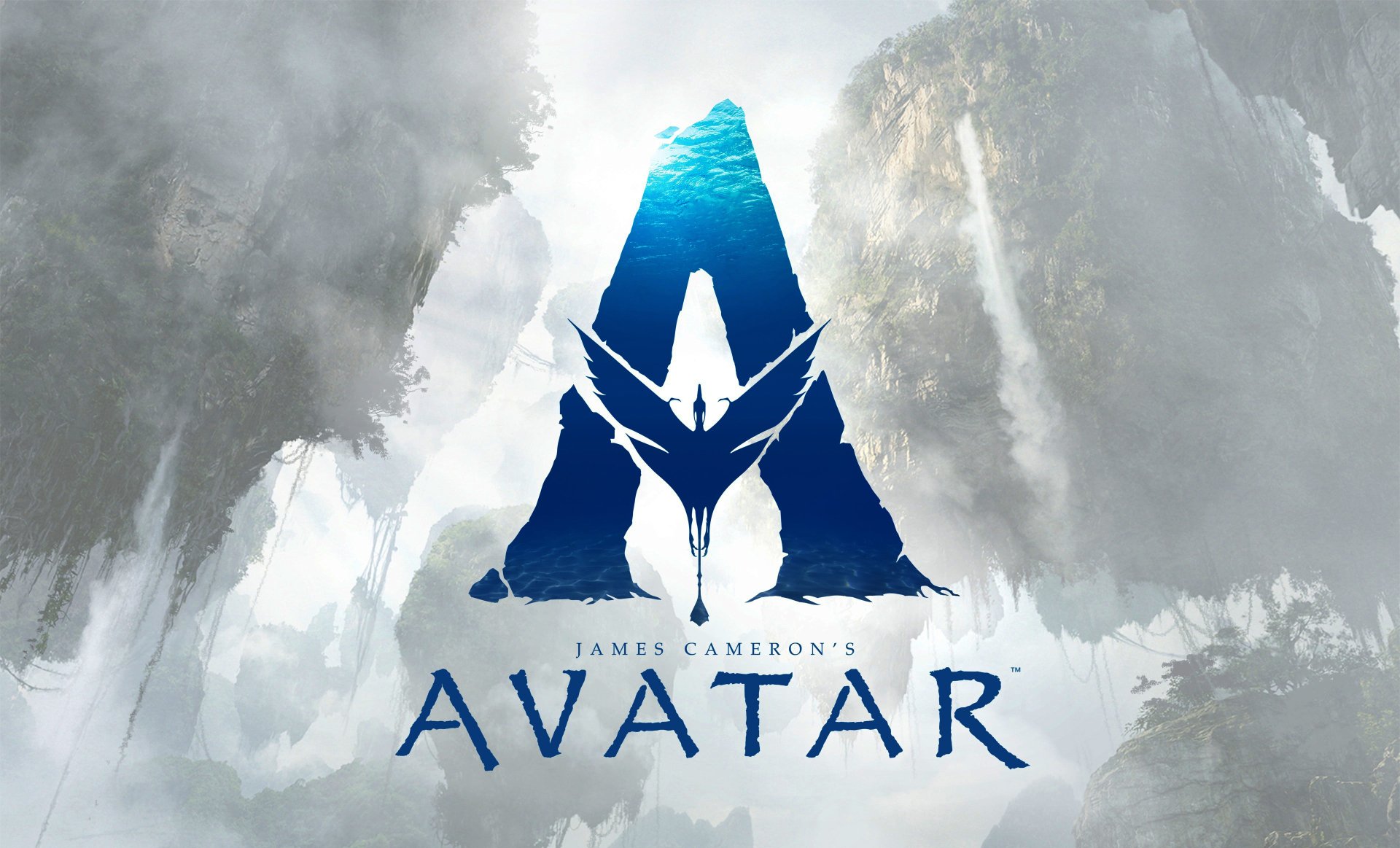 4K Ultra HD PC wallpaper featuring the blue A logo from the movie Avatar: The Way of Water against a misty, mountainous background.
