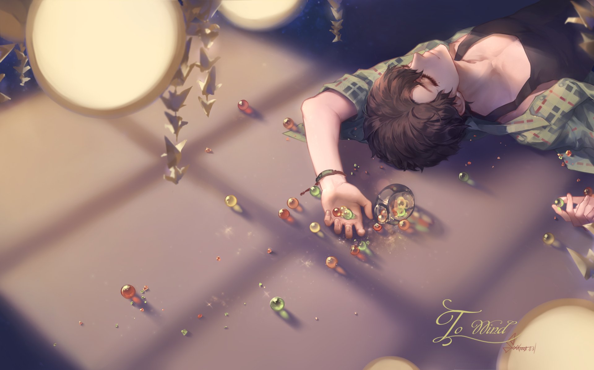 HD anime original artwork depicting a person lying on the floor surrounded by tiny colorful figures and soft glowing lights, designed as a PC desktop wallpaper.