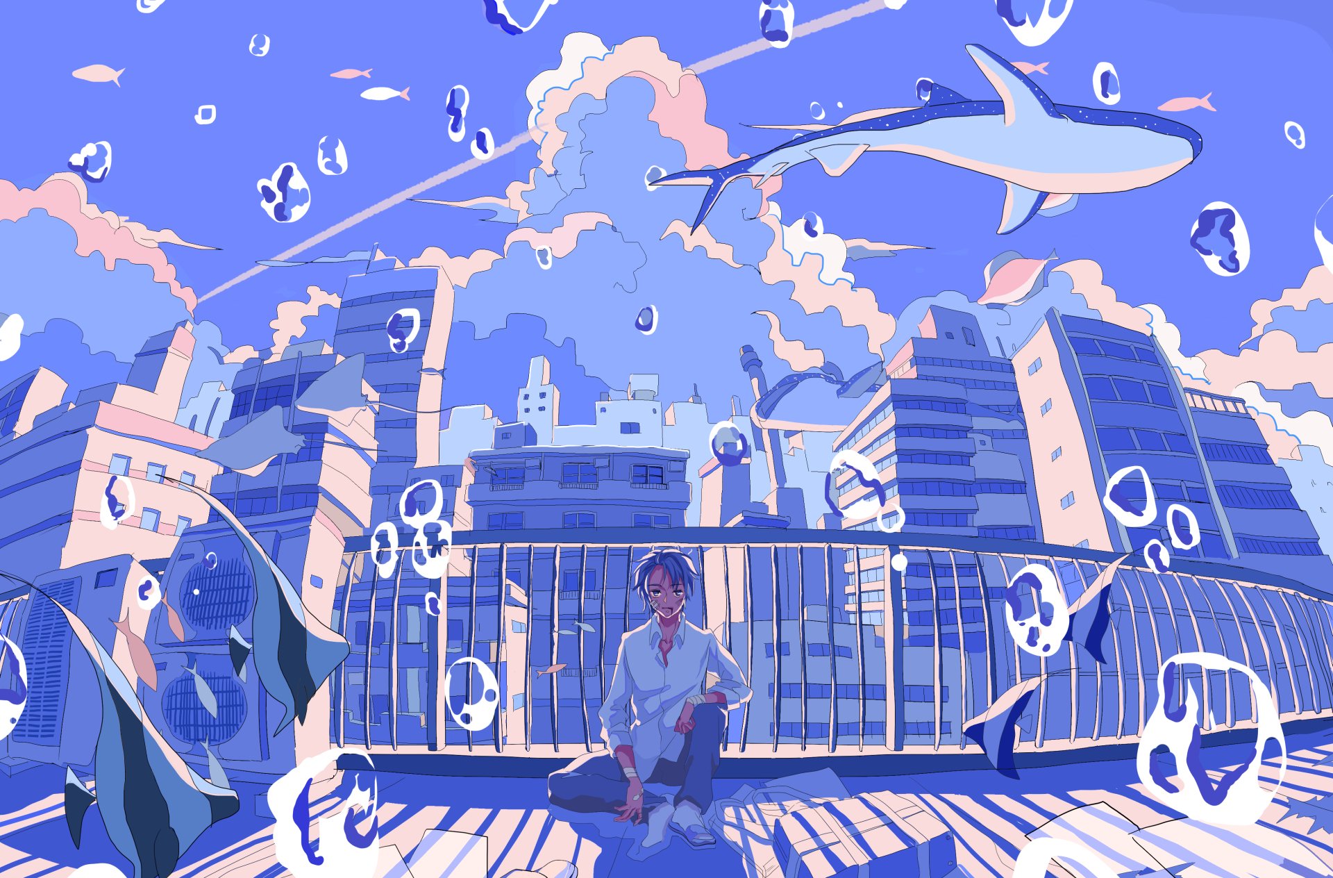 Anime-style 4K Ultra HD desktop wallpaper depicting a peaceful scene of a person sitting on a rooftop surrounded by floating fish against a vibrant cityscape and sky.