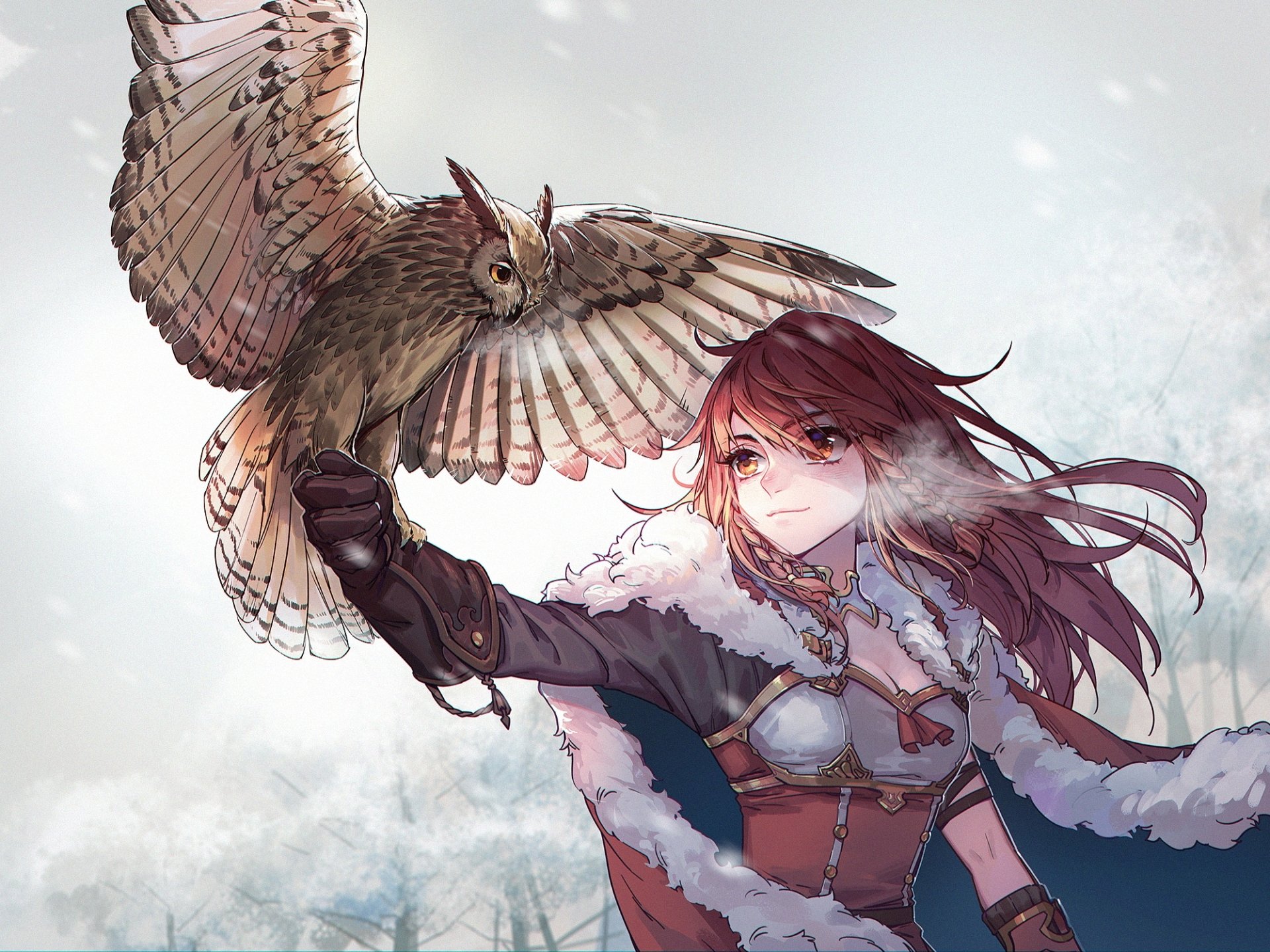 Anime-style HD desktop wallpaper featuring a character with flowing hair and armor, holding a large owl with wings spread against a soft, cloudy background.