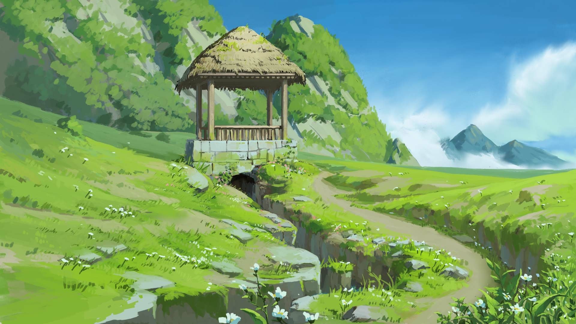 Anime mountain background with fields