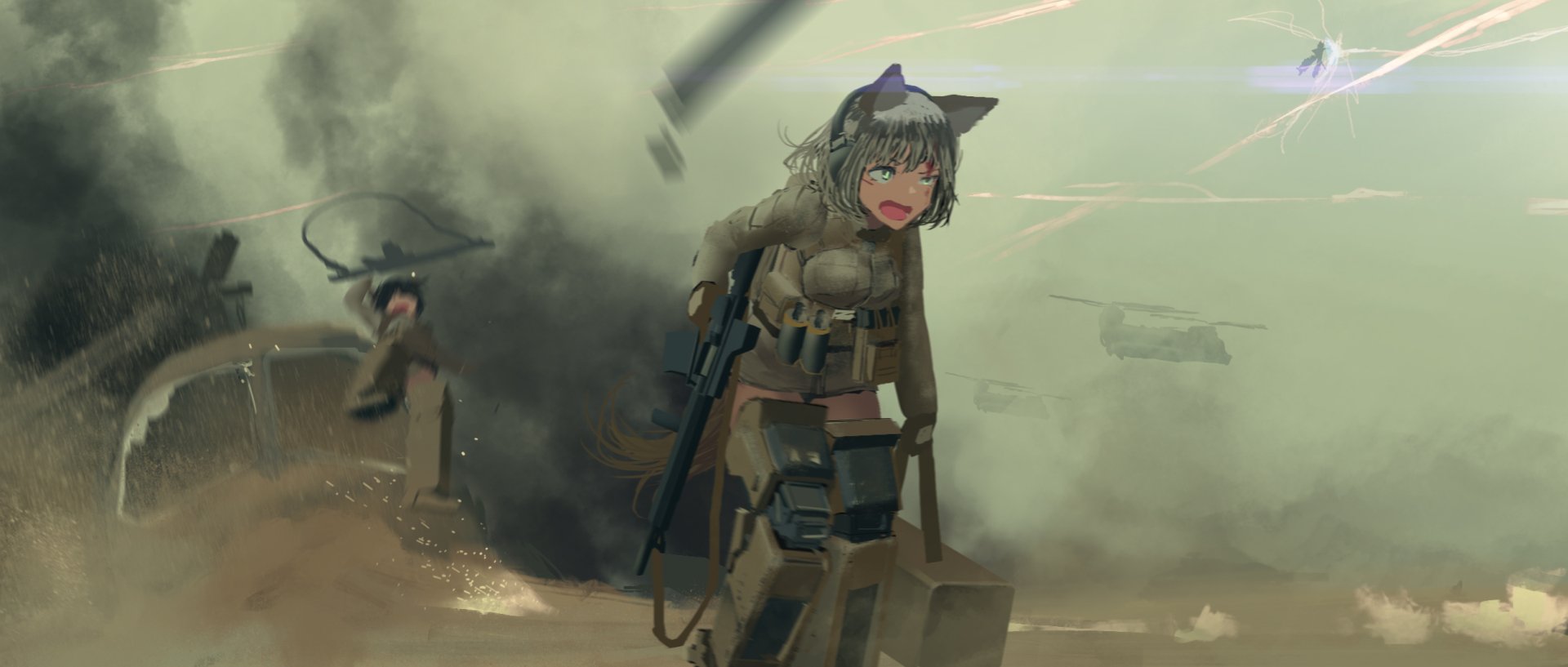 Anime-style military scene featuring a female soldier in tactical gear amidst an intense battlefield, depicted as an HD PC desktop wallpaper background.