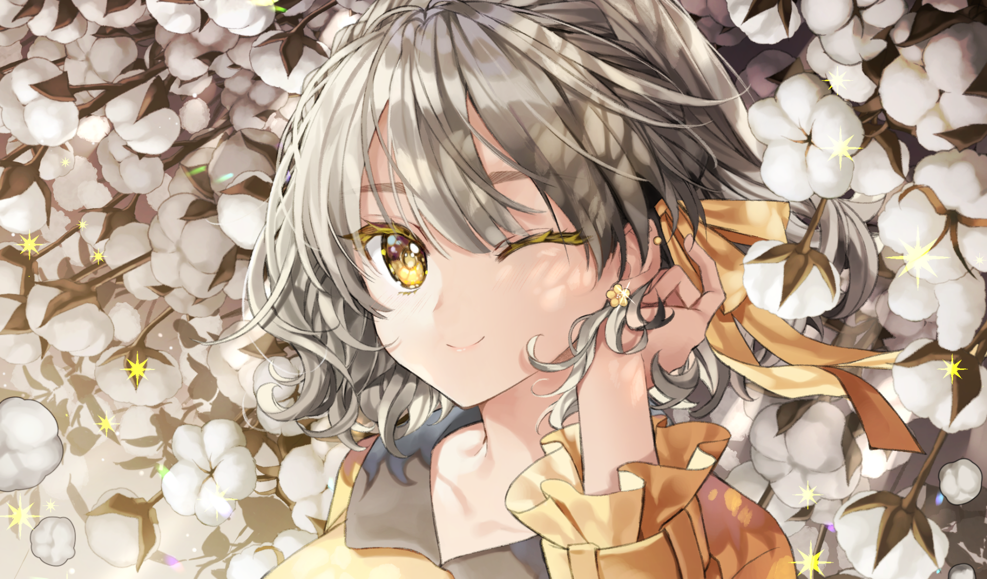 Anime-style character with grey hair and striking yellow eyes surrounded by white flowers, designed as an HD PC desktop wallpaper background.