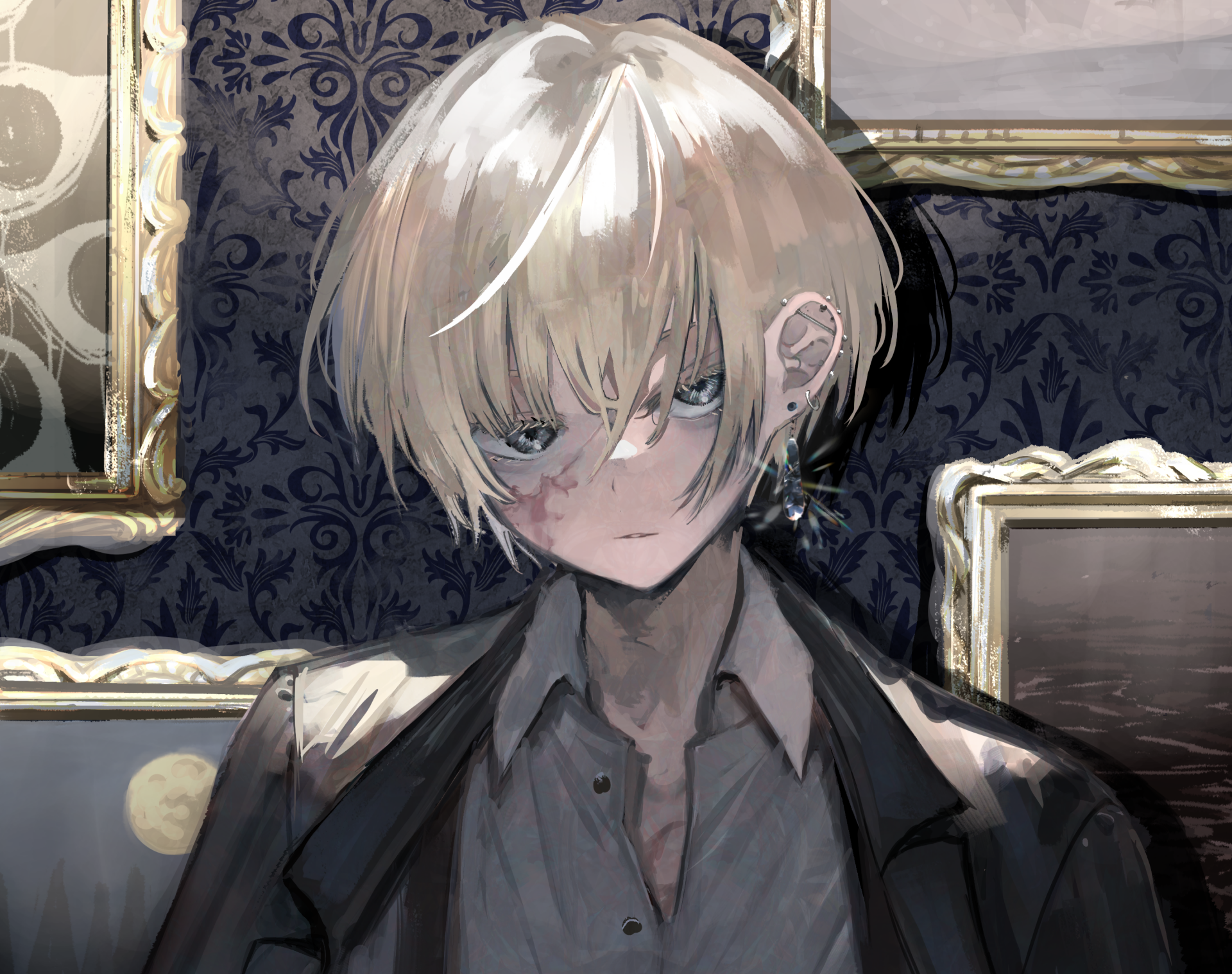 HD anime original artwork of a blonde character with intense blue eyes, set against a dark, ornate background, designed as a PC desktop wallpaper.