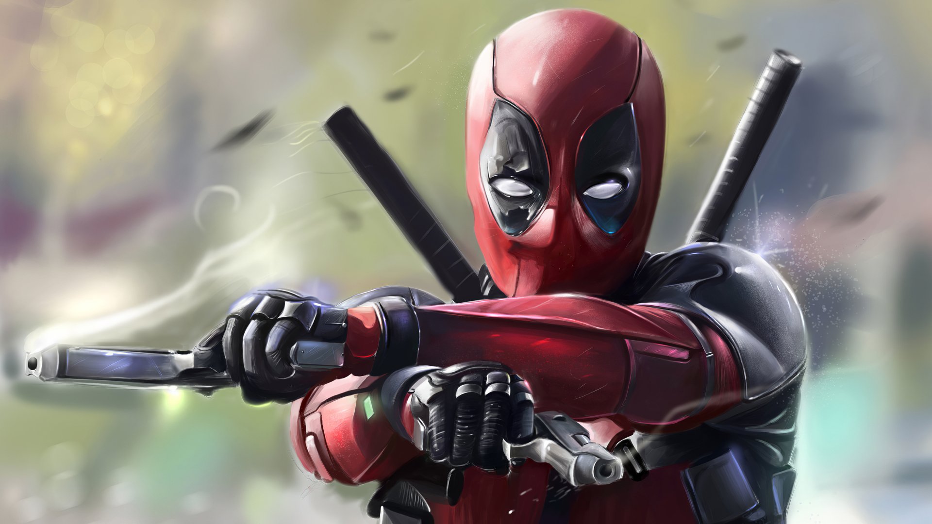 HD desktop wallpaper featuring Deadpool in action, wielding twin katanas with an artistic, dynamic background.