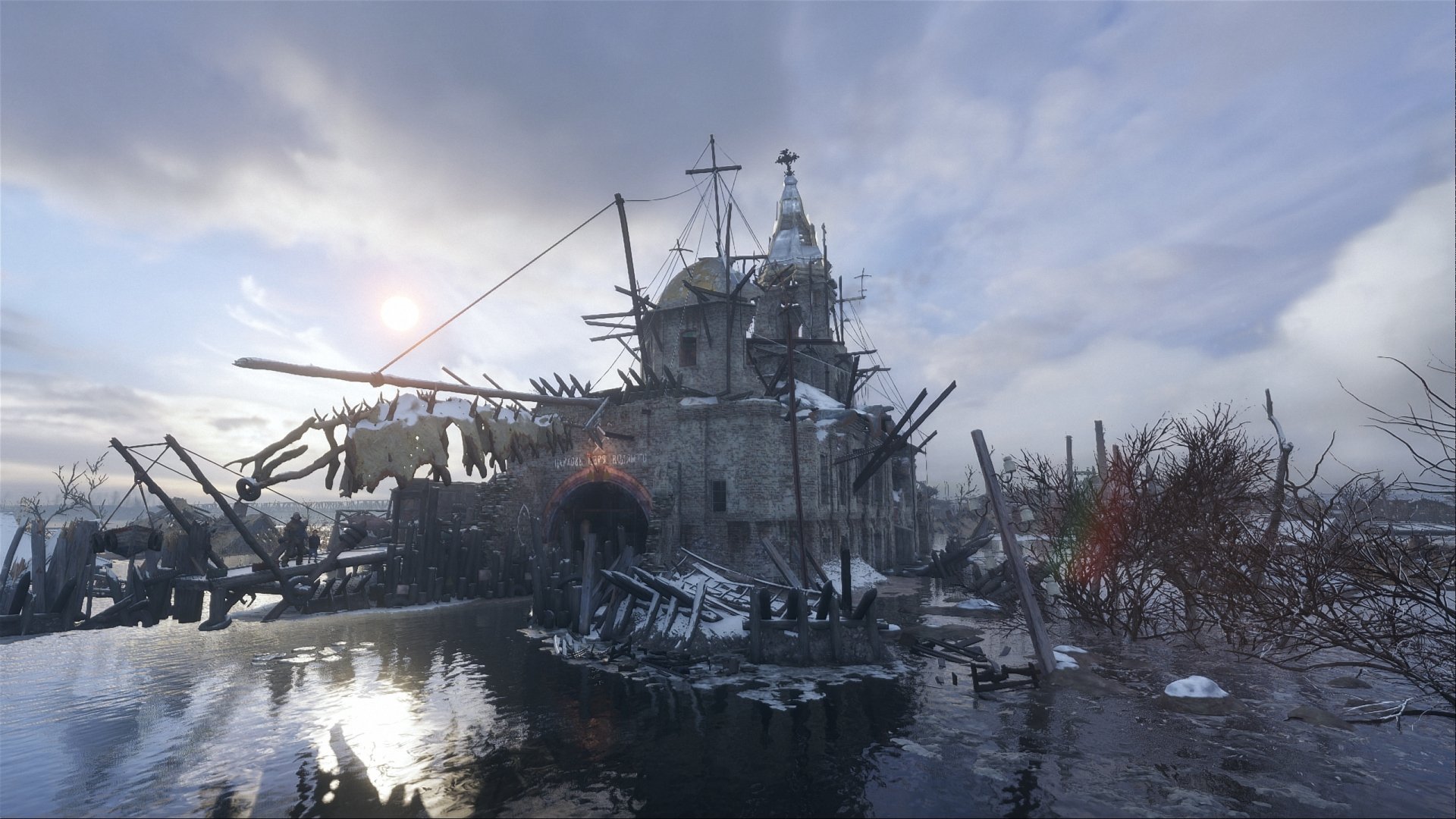HD PC desktop wallpaper featuring a post-apocalyptic church scene from the video game Metro Exodus with moody skies and reflective water.