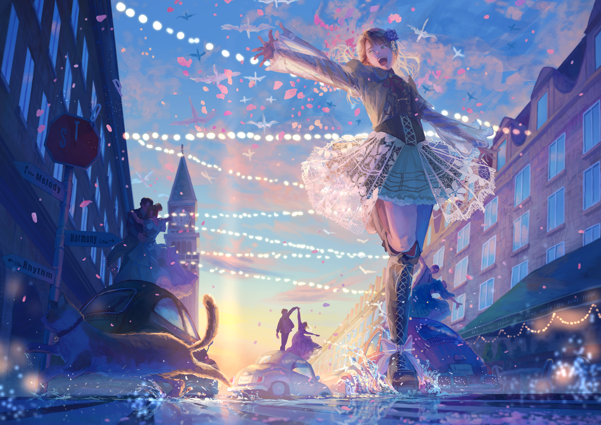 A vibrant anime scene featuring a girl joyfully splashing water in a lively street, with a cat, strings of lights, and people in the background. This HD wallpaper captures a lively and whimsical atmosphere.