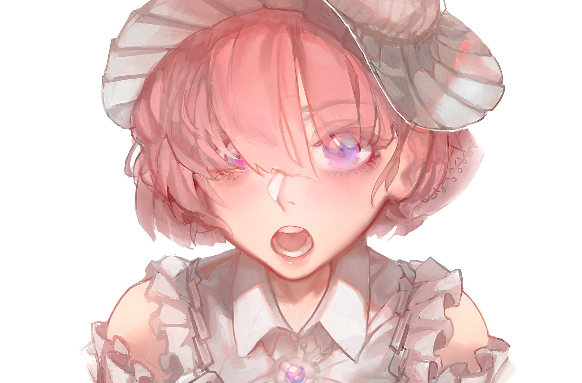 HD anime desktop wallpaper featuring an original character with short pink hair, purple eyes, and ram-like horns, dressed in a detailed white outfit.