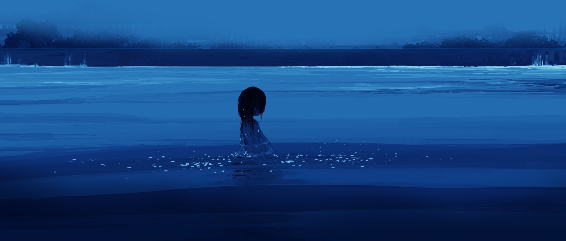 A serene anime girl stands in the water, with a peaceful, blue-toned background. HD desktop wallpaper and background.