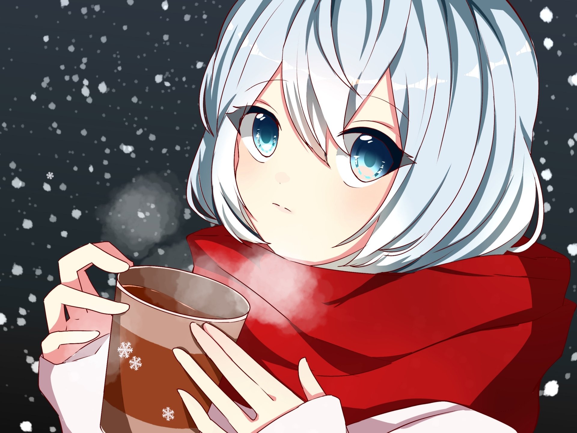 2686x2016 Anime girl drinking hot chocolate on a cold snowy night by 萌 Wall...