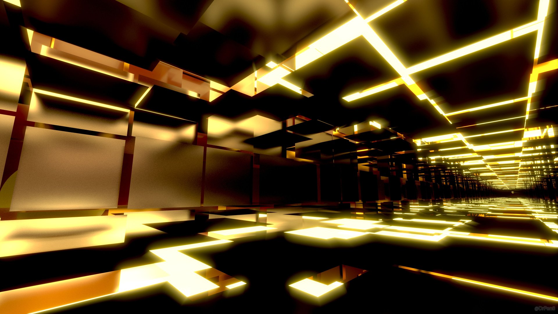 Abstract 3D gold and yellow digital landscape created in Blender, displayed as a 4K Ultra HD PC desktop wallpaper with reflective surfaces and geometric light patterns.