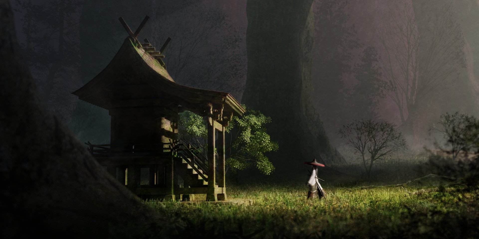 HD Anime desktop wallpaper featuring a solitary figure in traditional attire walking beside a serene temple in a mystical forest setting.
