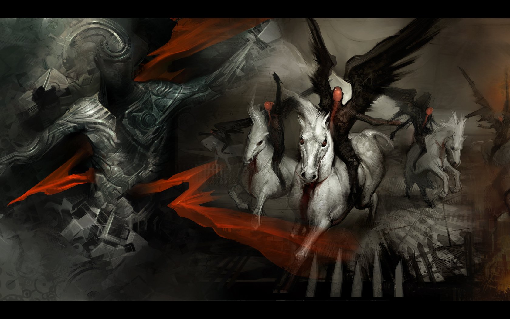 HD PC wallpaper depicting a dark apocalyptic scene with a menacing demon figure and a fearsome angel riding horses through a fiery, chaotic landscape.