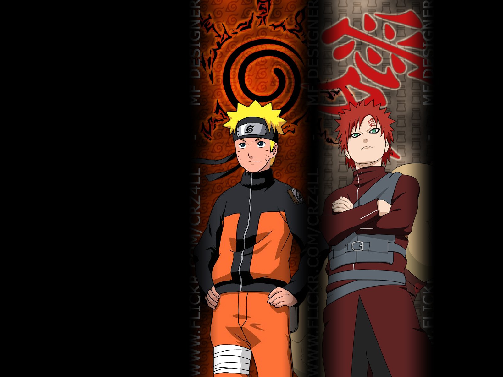 HD PC desktop wallpaper featuring Naruto Uzumaki and Gaara from the anime Naruto, with stylized backgrounds in orange and red tones.