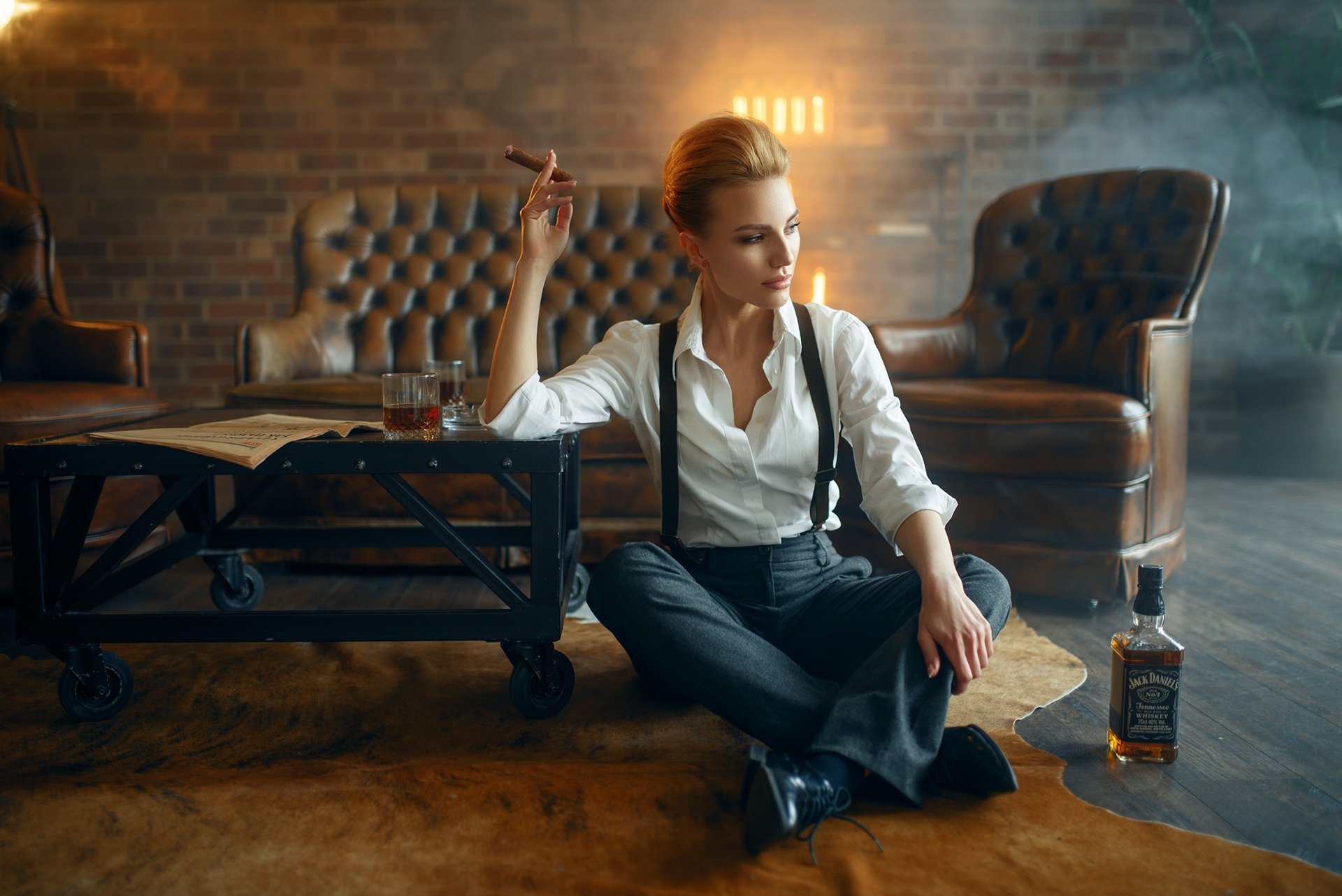 Download Alcohol Cigar Blonde Woman Model HD Wallpaper