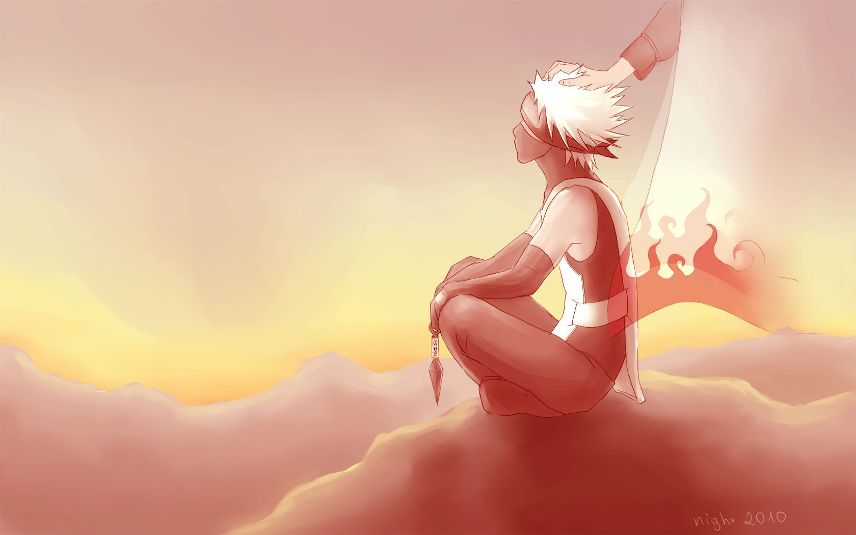 Kakashi Hatake from the anime Naruto gazes at a sunset, creating a serene atmosphere. This HD desktop wallpaper captures the essence of his character and the beauty of the landscape.