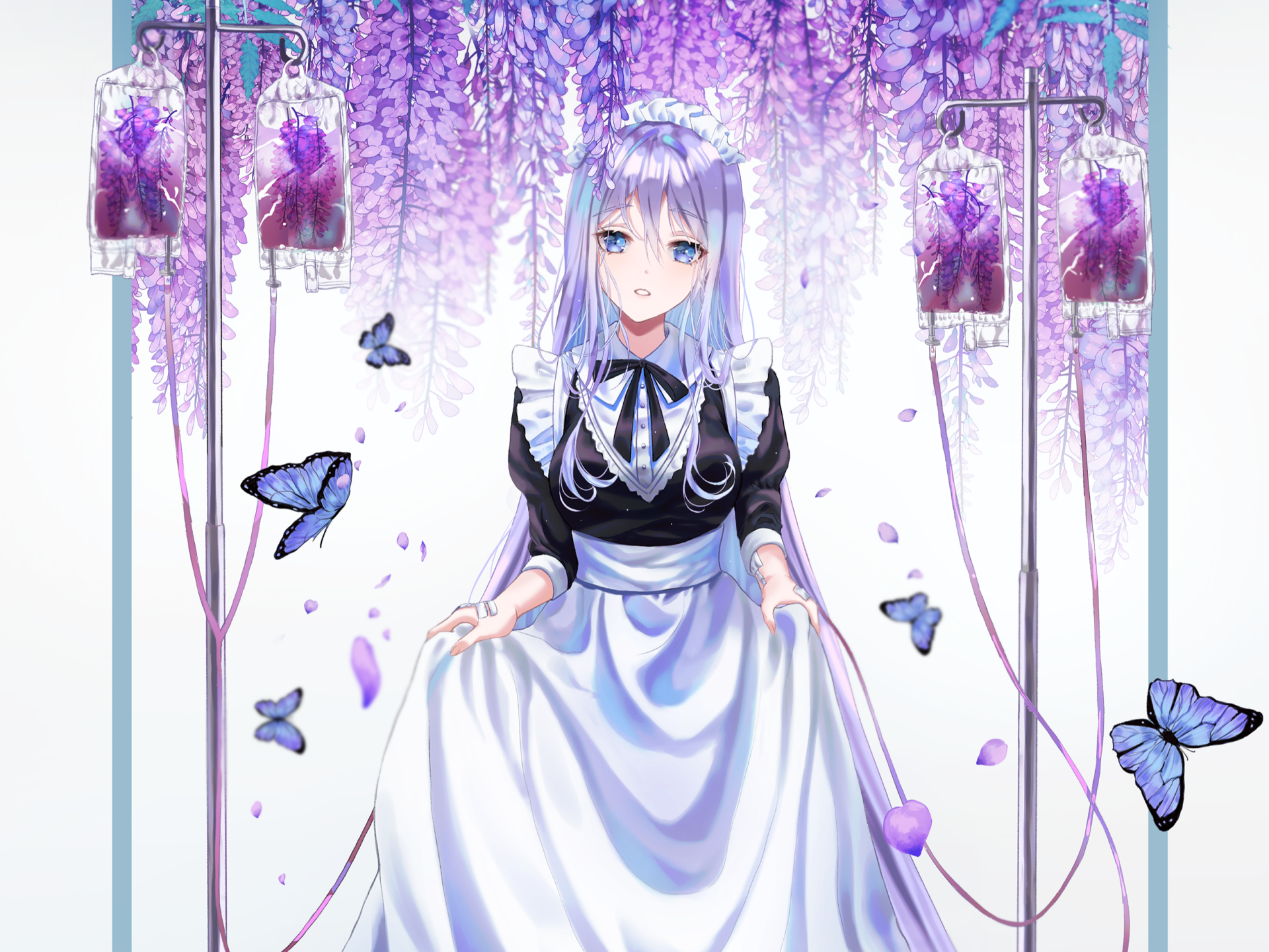 Anime-style girl in a maid outfit, surrounded by purple flowers and butterflies, serving as a HD desktop wallpaper and background. Original artwork with a serene and enchanting atmosphere.