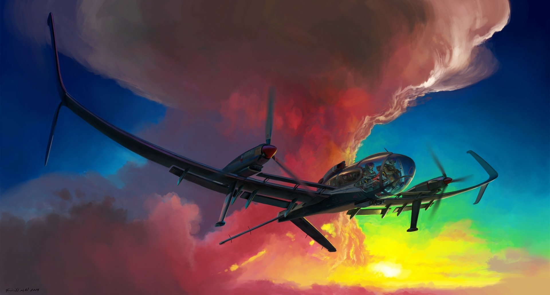 Artistic sci-fi aircraft soars through fiery, colorful clouds at sunset — vivid 2K Quad HD PC desktop wallpaper and background.