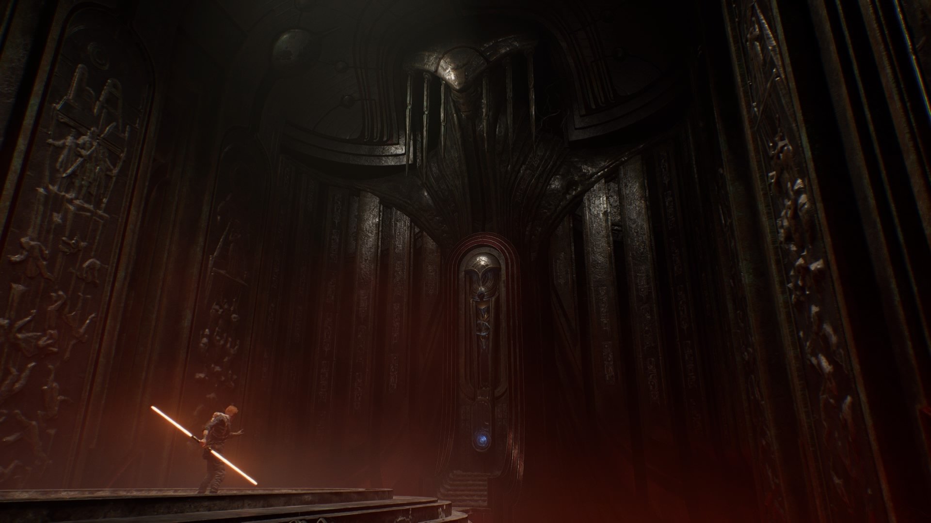 Dark, towering temple interior from the video game Star Wars Jedi: Fallen Order, lone figure wielding an ignited lightsaber on a platform — HD PC desktop wallpaper/background.