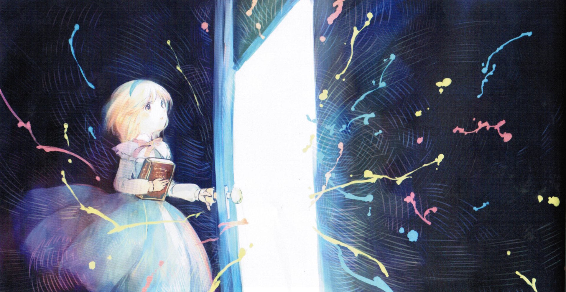 HD anime desktop wallpaper featuring Alice Margatroid from Touhou, standing before a glowing open door with colorful light trails swirling around her.