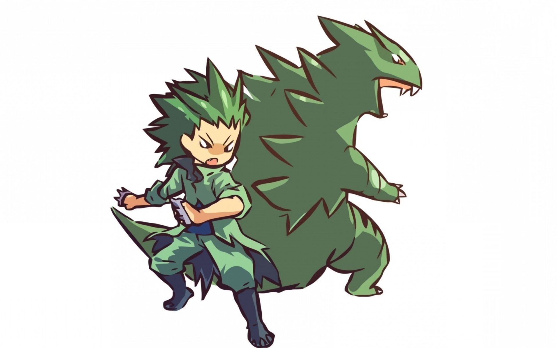 Anime-style humanized Tyranitar (Pokémon): spiky green-haired trainer in matching armor posed back-to-back with a roaring Tyranitar — 2K Quad HD PC desktop wallpaper/background.