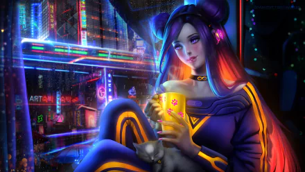 Anime-style original artwork in 4K Ultra HD showcasing a futuristic cityscape with a girl in sporty attire holding a glowing cup, designed as a PC desktop wallpaper.