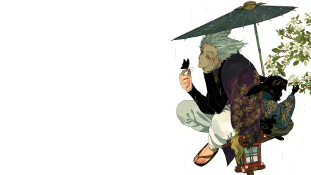Garou from One-Punch Man with white hair, sitting under a traditional umbrella holding a butterfly, in detailed anime style, 4K Ultra HD desktop wallpaper.