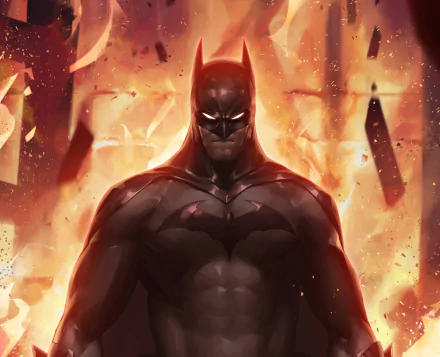 HD PC desktop wallpaper featuring Batman from DC Comics, standing powerful against a fiery background with dramatic lighting and intense comic-style detail.