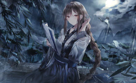Anime HD wallpaper featuring Yu Miaoyi from the Fate/Grand Order series as an Assassin, standing in the rain at night, holding a book with an intense expression amidst a dramatic, moonlit background.