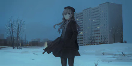 An anime-style character holds a firearm, standing in a snowy winter setting with tall buildings in the background. This HD desktop wallpaper and background exudes a cold, serene atmosphere.
