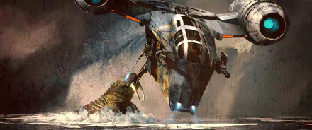 HD PC desktop wallpaper featuring a dynamic scene from The Mandalorian TV show, showcasing the Razor Crest ship and a towering creature in icy terrain.