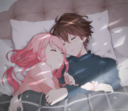 HD PC desktop wallpaper featuring anime characters Shu Ouma and Inori Yuzuriha from Guilty Crown peacefully sleeping side by side.