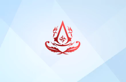 4K Ultra HD PC desktop wallpaper featuring a red Assassin's Creed emblem set against a light blue geometric background.