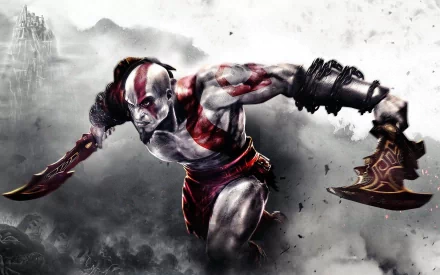 HD wallpaper of Kratos, the main character from the video game God of War, in a dynamic pose wielding his iconic weapons, set against a misty and dramatic backdrop.