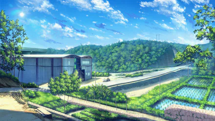 4K Ultra HD original Anime-style sky scene featuring lush greenery, a clear blue sky with scattered clouds, and a peaceful rural landscape.