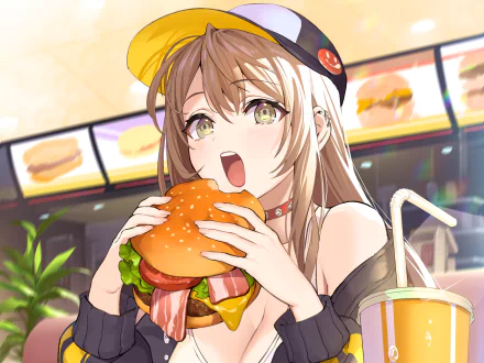 Anime character in a stylish hat, enjoying a large burger with vibrant colors, set in a lively fast-food environment. High-definition desktop wallpaper and background.