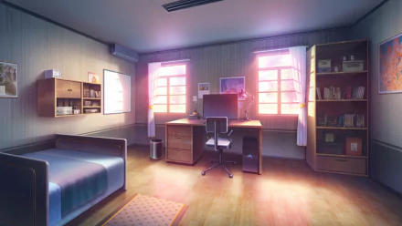 An HD desktop wallpaper of an anime-inspired room featuring a computer desk with a chair, two windows, a bed, bookshelves, and a serene ambiance.