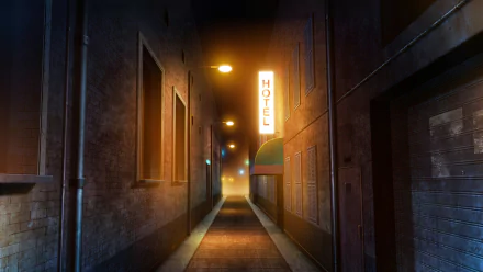 HD anime-style night scene of a narrow street with a glowing hotel sign, illuminated pathways, and subtle streetlights creating a moody atmosphere for a desktop wallpaper.