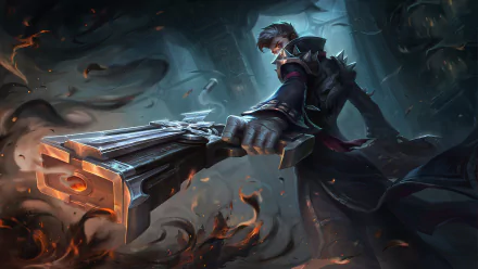 A fierce woman warrior in dark armor aims a massive futuristic gun, surrounded by swirling shadows and embers in a dramatic fantasy 4K Ultra HD desktop wallpaper.