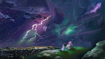 Anime-style original HD PC desktop wallpaper depicting two characters sitting on a hill under a dramatic night sky with lightning and aurora-like colors.