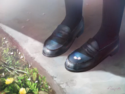 HD anime-style desktop wallpaper featuring a close-up of black shoes with a small flower petal on one, standing near grass and dandelions on a concrete surface.