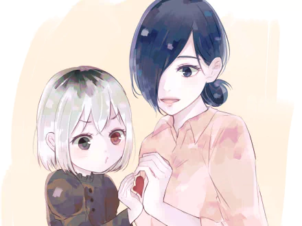 HD desktop wallpaper featuring anime characters Touka Kirishima and Ichika Kaneki from Tokyo Ghoul:re, depicted in a soft, pastel art style.
